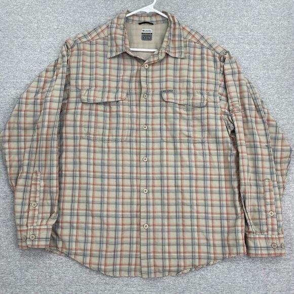 Columbia Shirt Mens Extra Large Tan Plaid Button Up Omni Dry Vented Outdoor - Picture 1 of 12